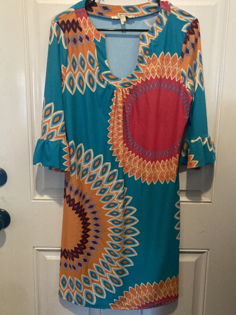 Aryeh Geometric Medallion Print Tunic Dress Ruffle Sleeve Large